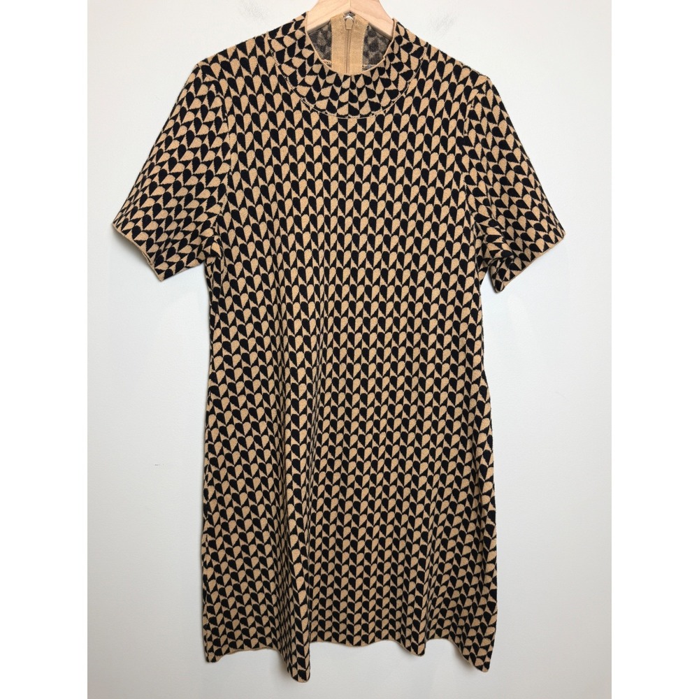 Anthropologie The Nina Mock Neck Sweater Mini Dress Mod Retro Tan Black Heart XL